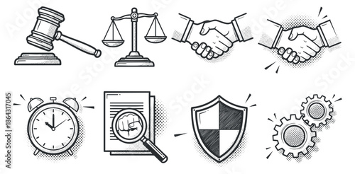 A collection of legal and business icons including a gavel, scales of justice, handshake, and gears in black and white outline vector style, suitable for legal and corporate design projects