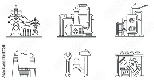 A collection of industrial energy icons including power lines, machinery, and tools in minimalist black and white vector style, suitable for engineering and technology projects