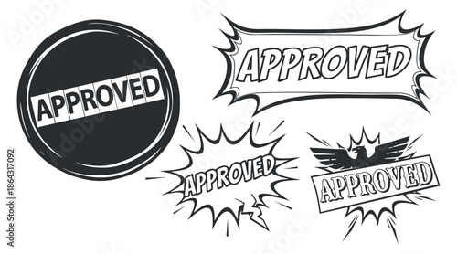 A collection of approved stamps and badges in black and white vector style, ideal for branding and marketing projects