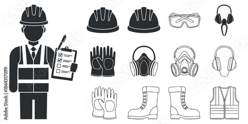 A construction worker holding a clipboard with safety gear icons including helmets, gloves, and boots in black and white vector style, ideal for industry safety graphics