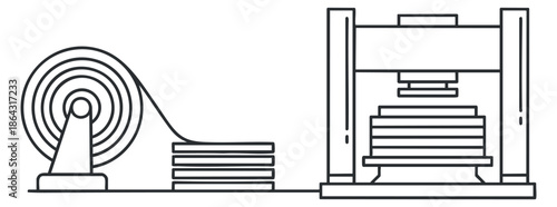 A gym mechanism featuring a coil spring and stacked weights in minimalist black and white outline vector style, suitable for fitness and exercise projects