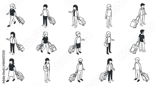 A collection of travel-themed character icons with luggage in black and white minimalist vector style, suitable for travel and tourism projects