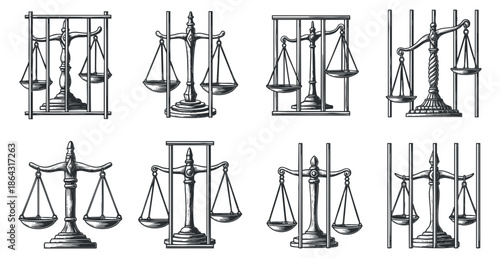 A collection of eight vintage scales of justice illustrations in detailed black and white vector style, ideal for legal branding and educational projects