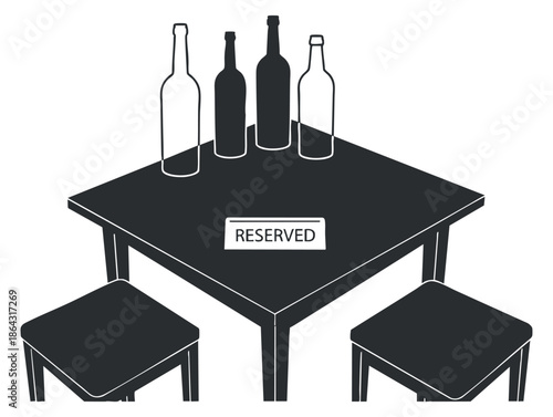A reserved table with three stools and several bottles in minimalist black and white vector style, ideal for restaurant and bar branding