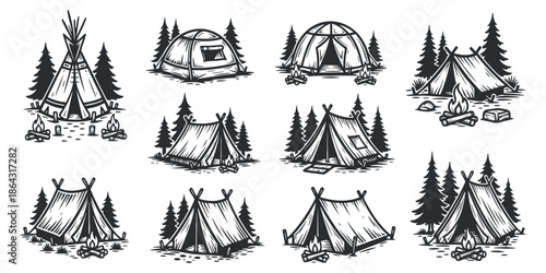 A collection of camping tents and campfire scenes in black and white outline vector style, perfect for outdoor and adventure themes