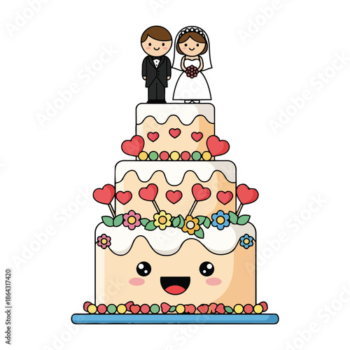 Cute cartoon style three tier wedding cake with smiling face bride and groom topper holding bouquet hearts flowers
