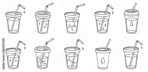 A set of twelve outline vector illustrations of drink cups with straws, showcasing various states of water level and design, suitable for food and beverage branding