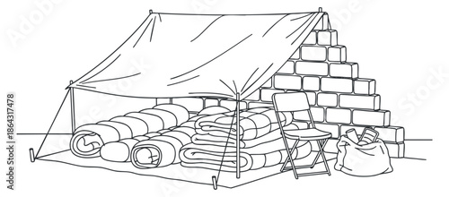 A camping tent with stacked blankets and a chair in minimalist line art vector style, suitable for outdoor adventure themes