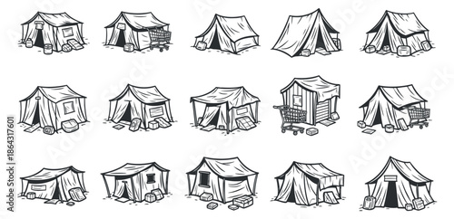 A collection of hand-drawn camping tents in black and white vector style, suitable for outdoor adventure designs
