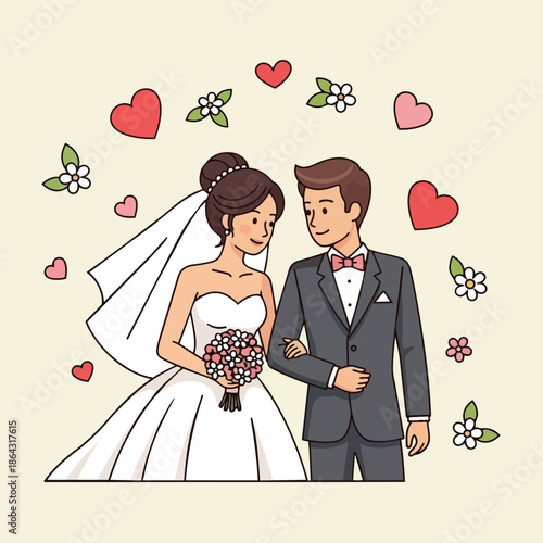 Colorful flat design bride and groom holding arms with bouquet and floral hearts surrounding wedding celebration vector art