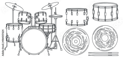 A drum set with various components and accessories in minimalist black and white outline vector style, ideal for music-related projects