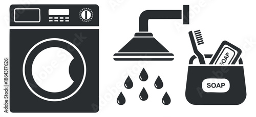 A washing machine, showerhead, and soap container with toothbrush in black and white vector style, ideal for cleaning service branding