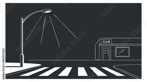 A street scene featuring a club building and a streetlight in minimalist black and white vector style, ideal for nightlife themes and urban design projects