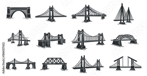 A collection of various bridge illustrations in black and white outline vector style, perfect for architectural design projects and urban planning