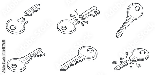 A collection of various key illustrations in outline vector style, including broken and intact keys, suitable for security and access concepts