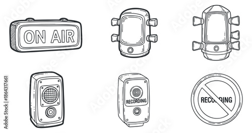 A collection of recording and broadcasting icons including 'On Air' and 'Recording' signs in black and white outline vector style, perfect for media and communication projects