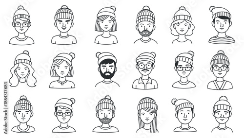 A collection of diverse characters wearing winter beanies in minimalist monochrome vector style, perfect for seasonal designs and apparel branding