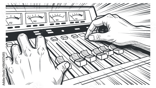 A hand adjusting the sliders on a music mixing console in a detailed black and white illustration style, perfect for music production and audio technology projects