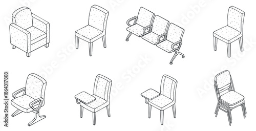 A collection of various chairs and a sofa in clean outline vector style, perfect for interior design projects