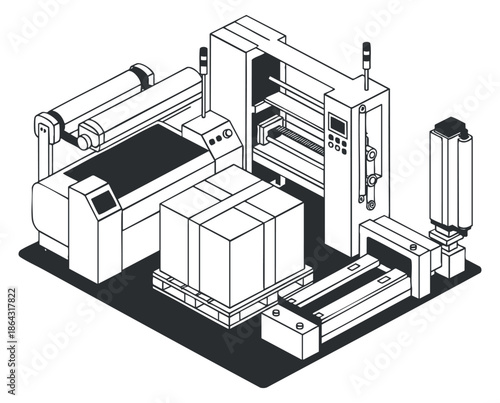 An industrial packaging machine with a pallet and box in black and white outline vector style, ideal for logistics and manufacturing designs