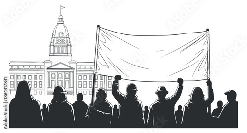 A crowd of people holding a large banner in front of a city hall building in black and white outline vector style, suitable for social activism themes