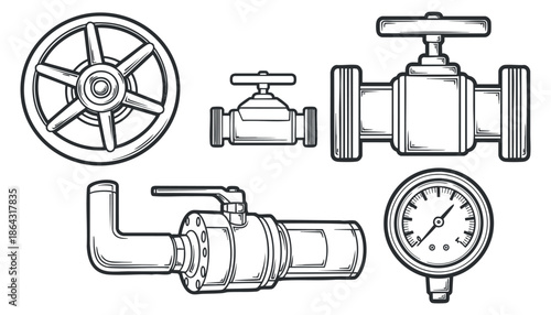 A collection of industrial valves, pipes, and gauges in detailed outline vector style, suitable for engineering and mechanical design projects