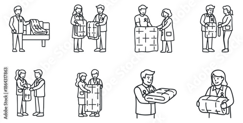 A collection of healthcare professionals assisting patients in outline vector style, perfect for health-related projects and illustrations