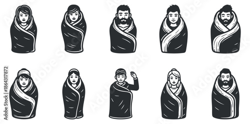 A set of characters wrapped in blankets, featuring diverse facial expressions in black and white minimalist vector style, perfect for cozy lifestyle designs