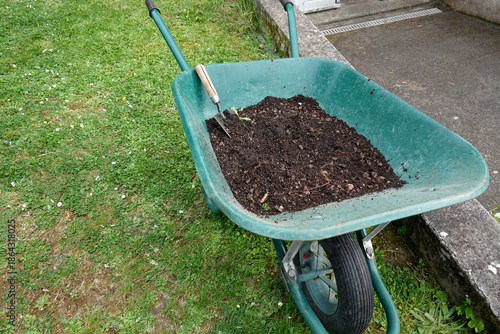 A wheelbarrow rests on green grass, filled with dark soil and a gardening fork. The background features a paved path and a peaceful outdoor setting