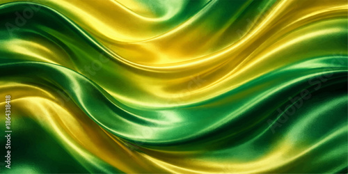 Abstract green and colorful background featuring smooth silk texture with flowing satin waves and shiny light curves in a soft blue motion design backdrop