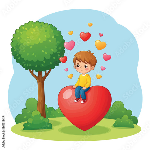 Cute boy sitting on giant red heart surrounded by floating colorful hearts in green park under blue sky illustration