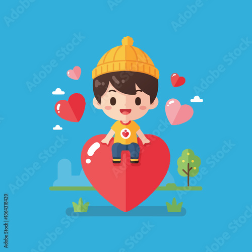 Cute boy wearing yellow beanie sitting on large red heart surrounded by smaller hearts and simple park background