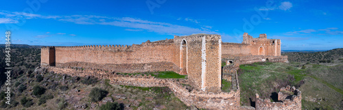 Aerial view from a drone of the landscape at Montalban Castle in San Martin de Montalban, Toledo Province, Castile-La Mancha, Spain, Europe