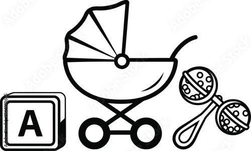 Baby Care Essentials Illustrator Vector - Minimalist Stroller, Rattle, and Alphabet Block