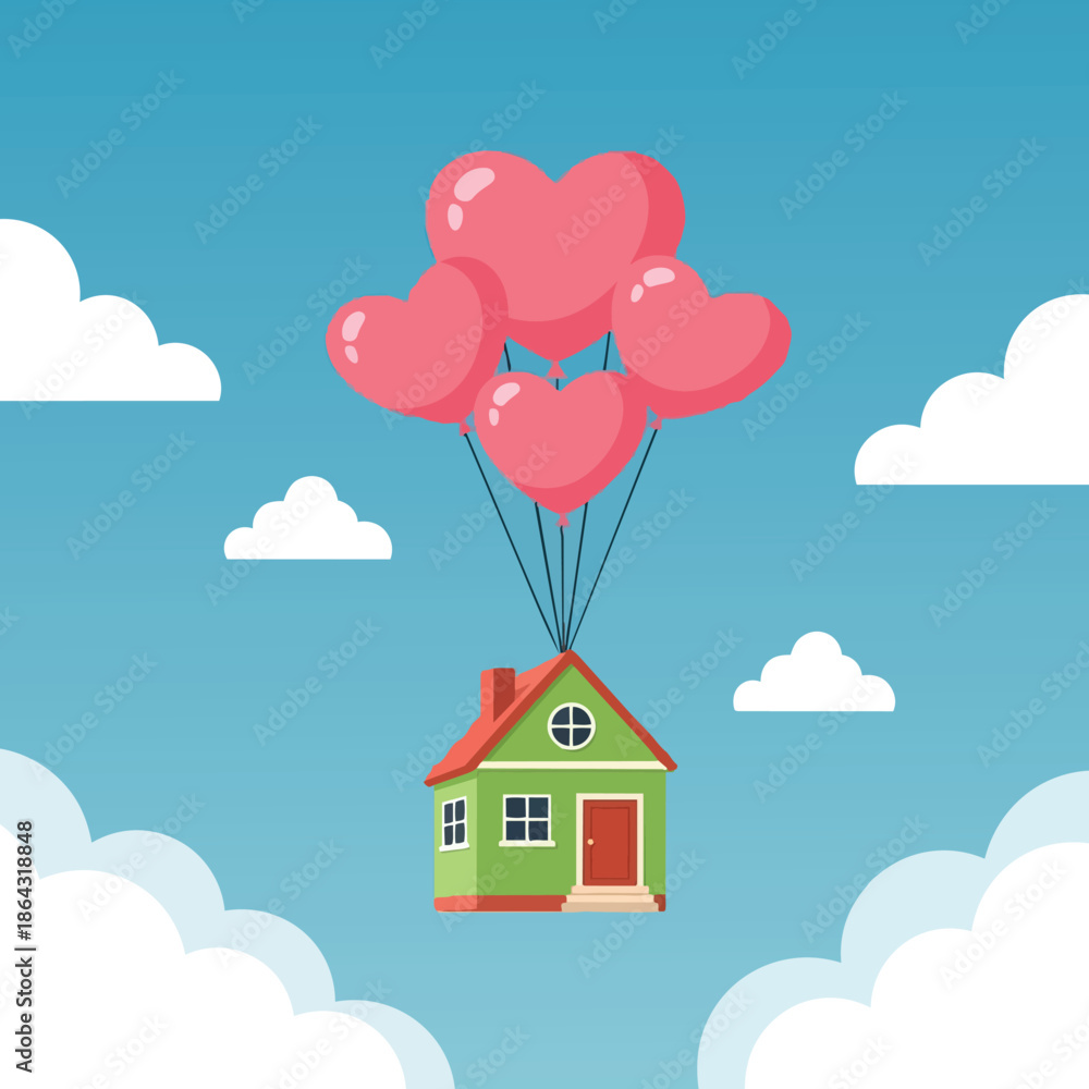 Fototapeta premium Flat design green house flying lifted by multiple pink heart shaped balloons in blue sky with clouds