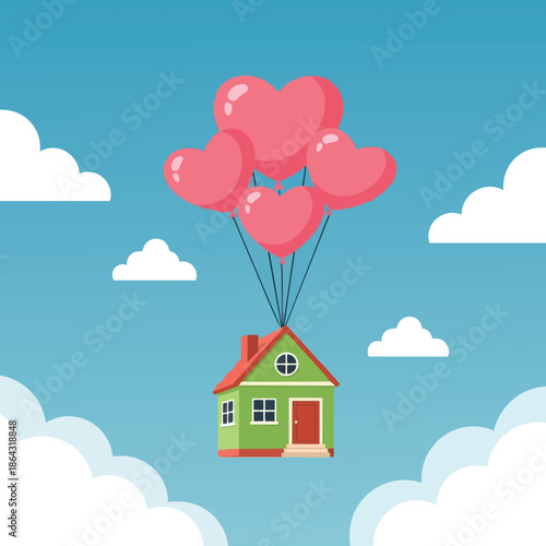 Flat design green house flying lifted by multiple pink heart shaped balloons in blue sky with clouds