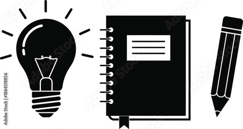 Creative Idea and Education Illustrator Vector - Light Bulb, Spiral Notebook, and Pencil Icon Set