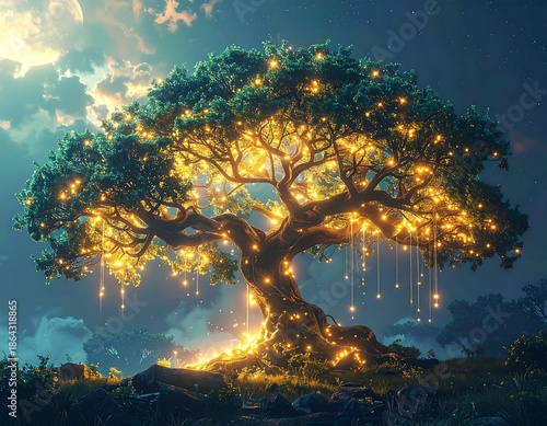 Enchanting digital artwork depicting a large, illuminated tree at night. Fairy lights glow, moonlit sky, serene landscape