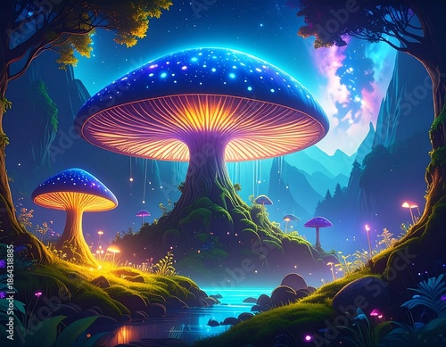 Enchanted landscape of bioluminescent giant fungi, nestled beside a tranquil stream under a vibrant nebula