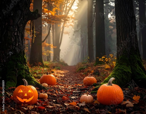 Enchanting forest path with illuminated pumpkins. Sunlight streams through the trees, casting a warm glow on the autumn foliage