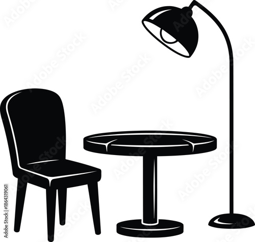 Modern Home Furniture Illustrator Vector - Chair, Round Table, and Floor Lamp Silhouette Set, local hotel