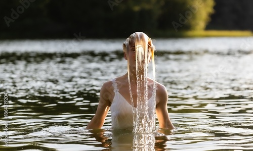 Fotografi Woman flipping wet hair in lake at sunset