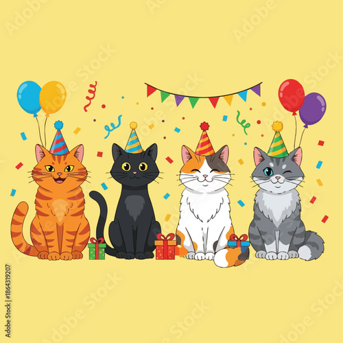 Colorful vector art of four sitting cats wearing party hats with balloons, gifts, and festive confetti on yellow background