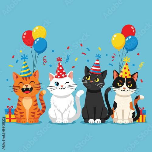 Colorful vector art of four cats wearing party hats celebrating birthday with balloons and confetti on blue background