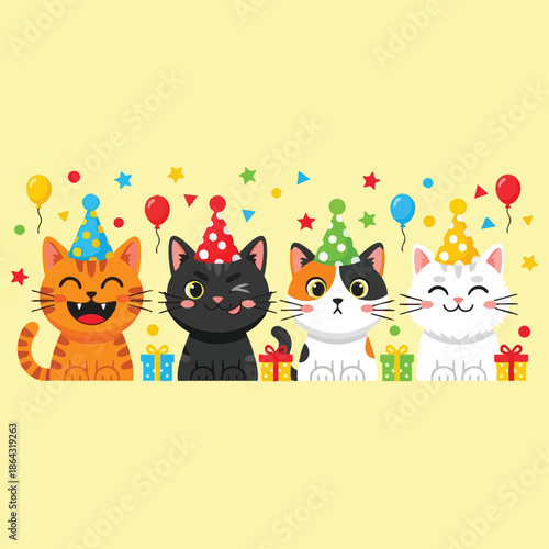 Colorful flat design birthday party cats wearing polka dot hats with gift boxes and balloons on yellow background