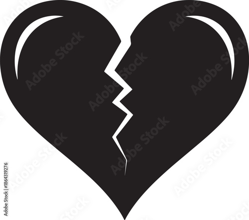 Black and white broken heart symbol with a jagged crack down the middle also transparent background