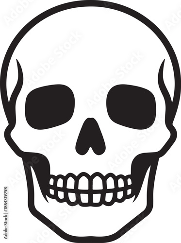 Black and white outline of a skull with horns and a toothy grin also transparent background