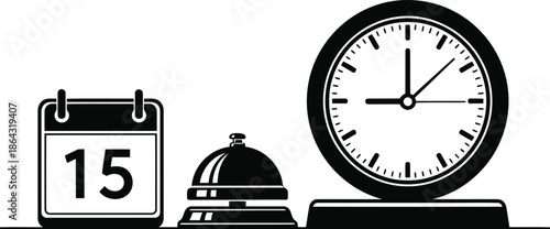 Service Reception and Appointment Illustrator Vector - Calendar, Service Bell, and Clock Set