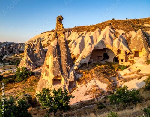 Eroded landscape with fairy chimneys and cave dwellings bathed in warm sunlight. Rugged terrain with grassy patches and a solitary tree
