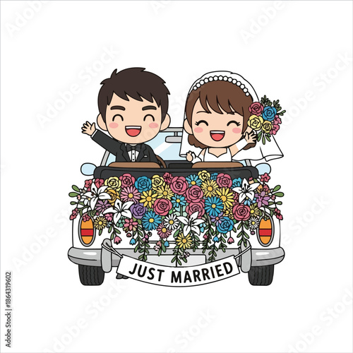 Cute cartoon bride and groom waving in flower decorated car with just married sign smiling happily in vector art